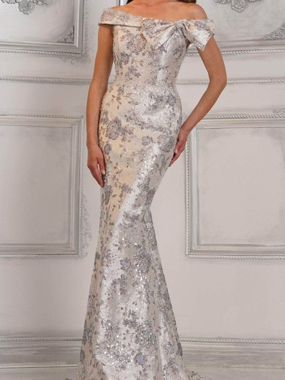 NWT Rina di Montella RD3106 Bow Mother of the Bride Dress Blue Multi size 6
